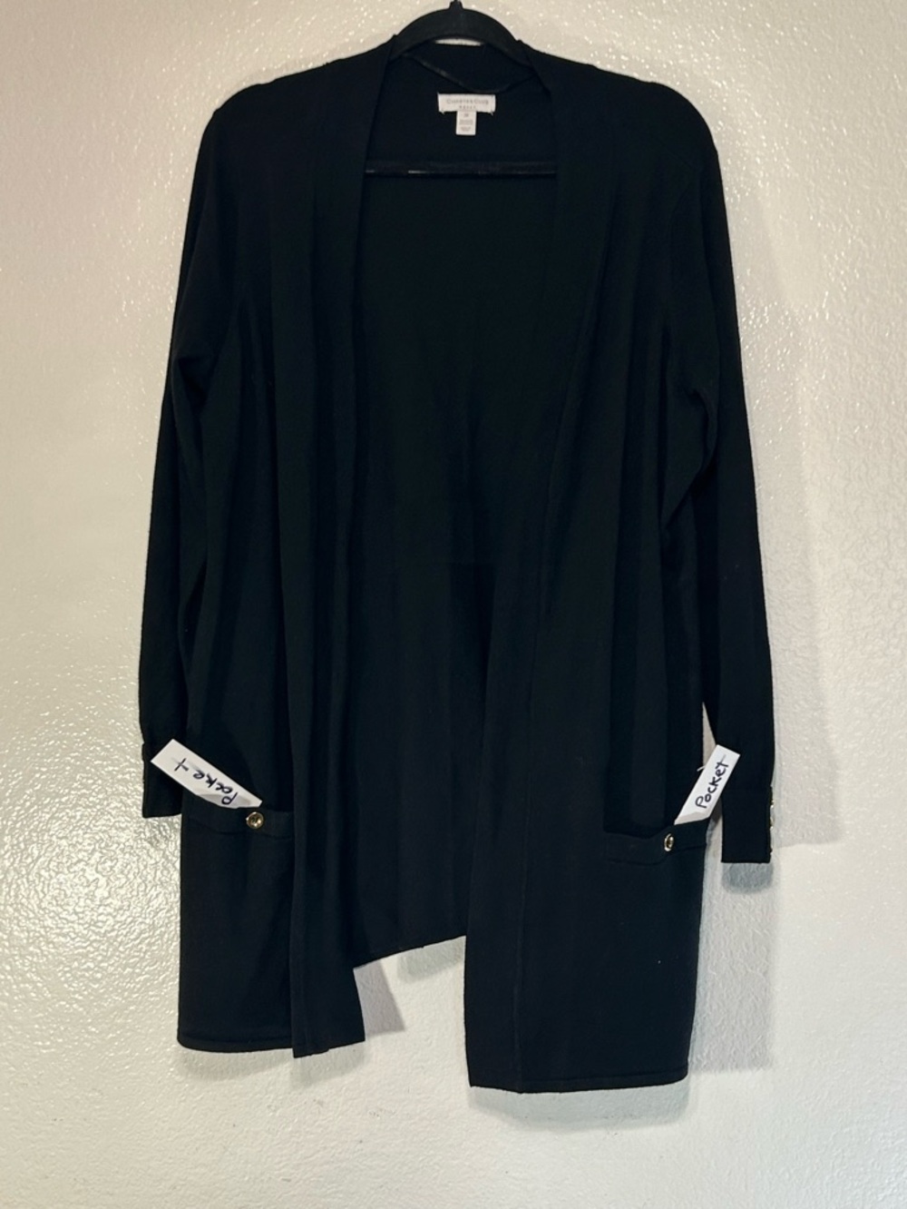 Charter Club Black Open Front Cardigan Sweater 2X Gold Button Sleeve Plus Size